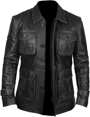 meninious Four Button Black Real Leather Blazar Coat for Men