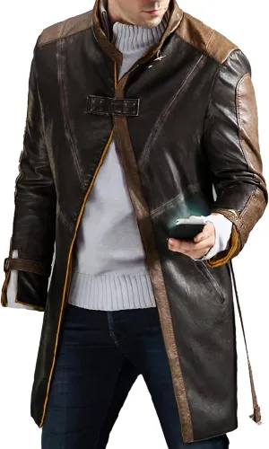 Mens Aiden Pearce Cosplay Costume  Brown Leather Full Length Trench Coat for Men