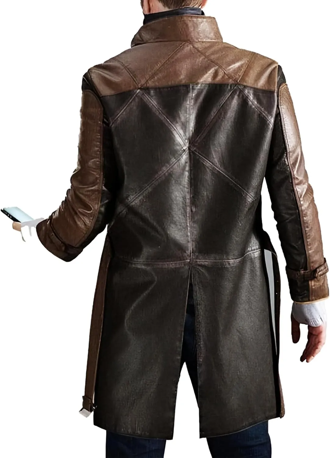 Mens Aiden Pearce Cosplay Costume  Brown Leather Full Length Trench Coat for Men