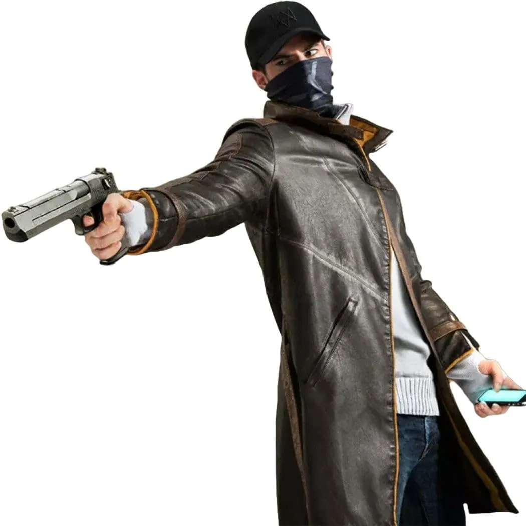 Mens Aiden Pearce Cosplay Costume  Brown Leather Full Length Trench Coat for Men