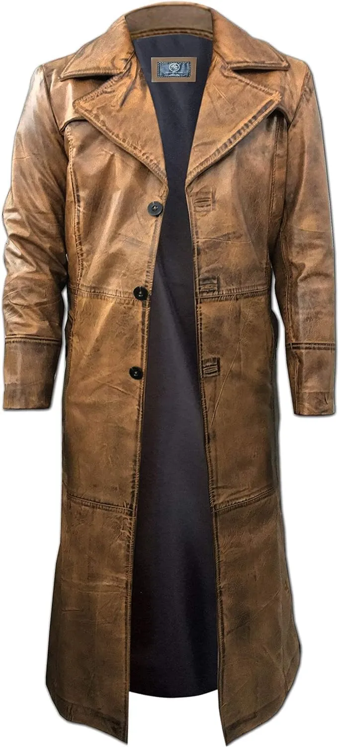 Men's Full-Length Leather Trench Coat Stylish Leather Duster for Men