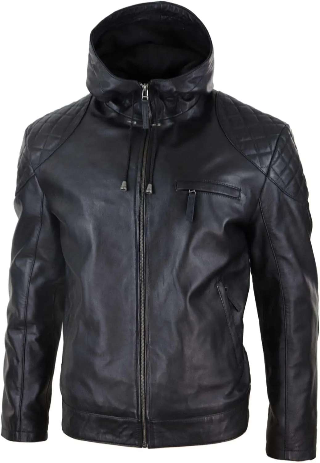 Mens Hood Biker Jacket Genuine Leather Casual Zip Retro Urban