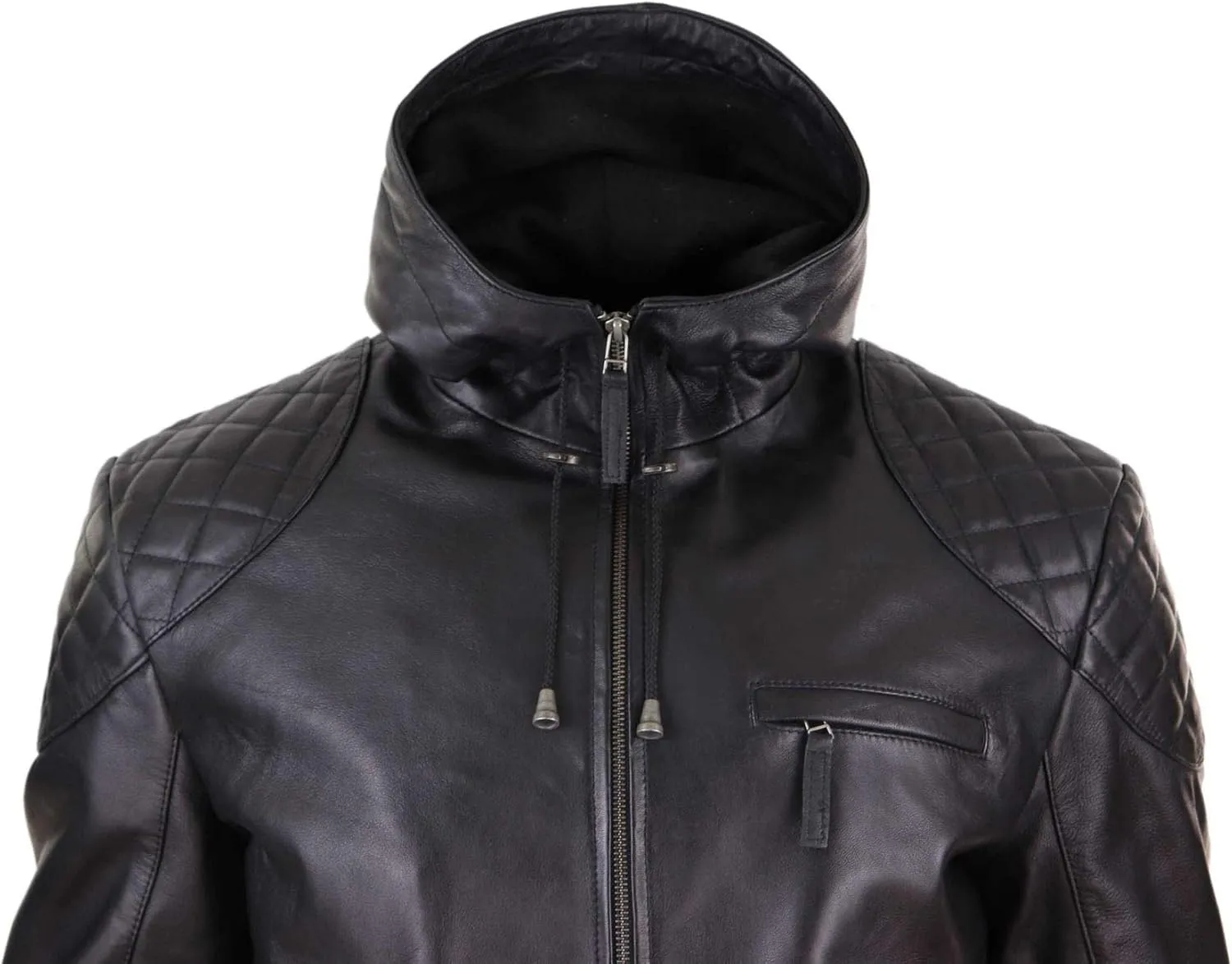 Mens Hood Biker Jacket Genuine Leather Casual Zip Retro Urban