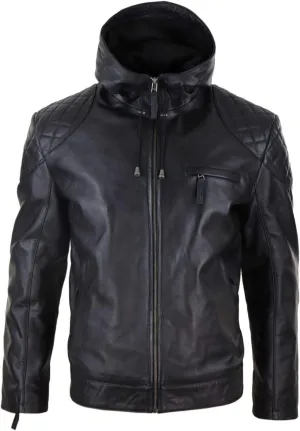 Mens Hood Biker Jacket Genuine Leather Casual Zip Retro Urban