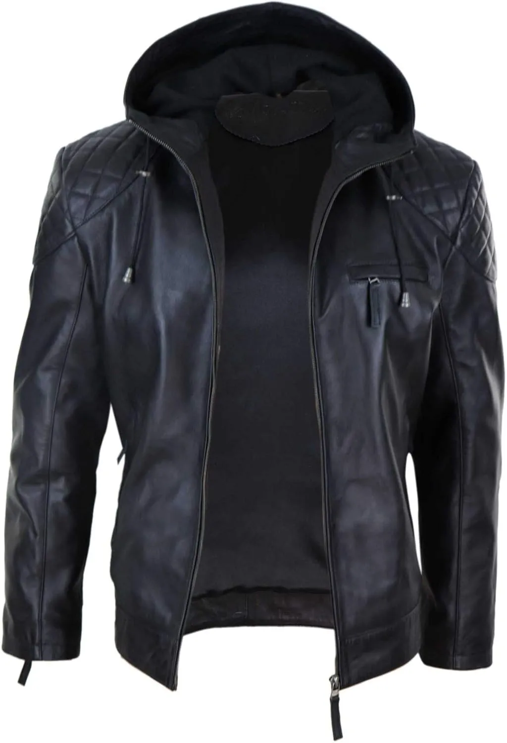 Mens Hood Biker Jacket Genuine Leather Casual Zip Retro Urban