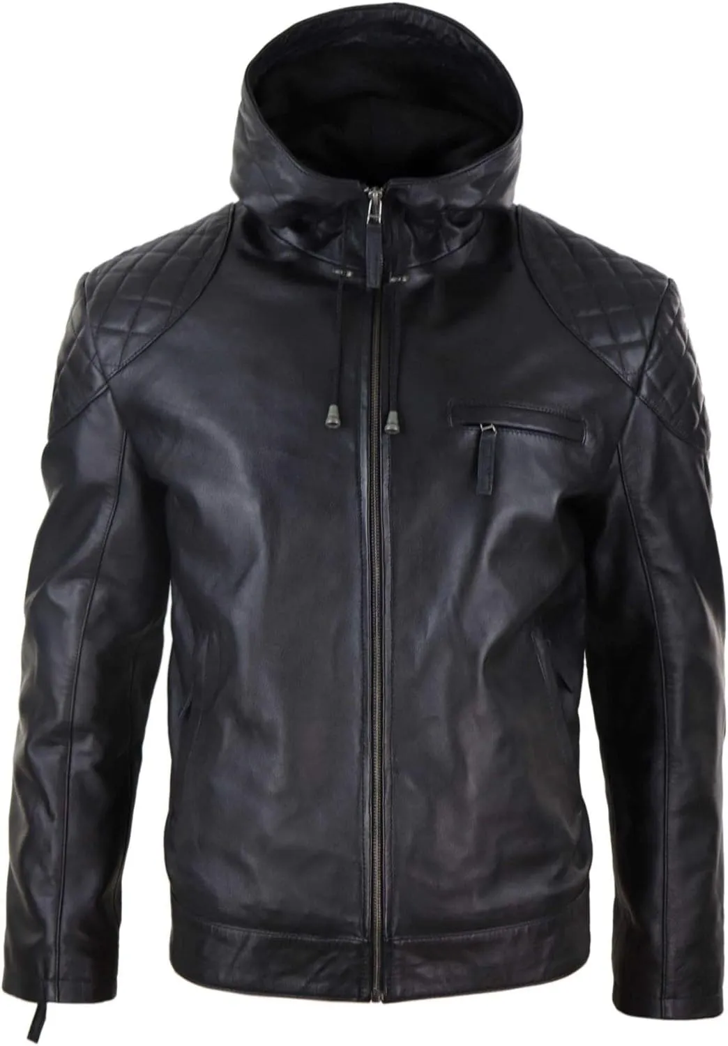 Mens Hood Biker Jacket Genuine Leather Casual Zip Retro Urban