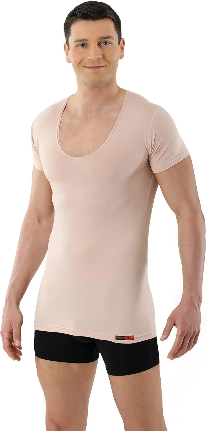 Men's Invisible deep v-Neck Business Undershirt with Short Sleeves Stretch Cotton Nude Beige