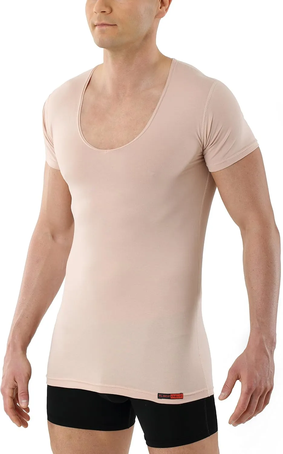 Men's Invisible deep v-Neck Business Undershirt with Short Sleeves Stretch Cotton Nude Beige