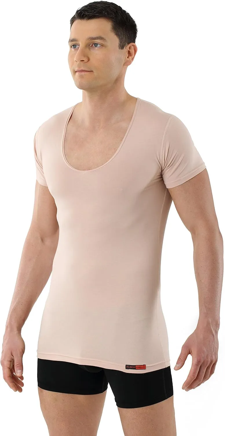 Men's Invisible deep v-Neck Business Undershirt with Short Sleeves Stretch Cotton Nude Beige
