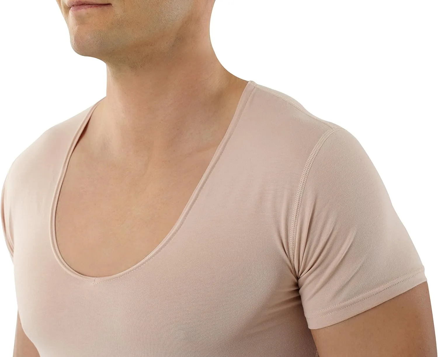 Men's Invisible deep v-Neck Business Undershirt with Short Sleeves Stretch Cotton Nude Beige
