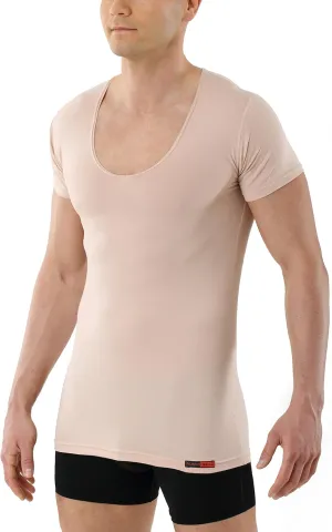 Men's Invisible deep v-Neck Business Undershirt with Short Sleeves Stretch Cotton Nude Beige