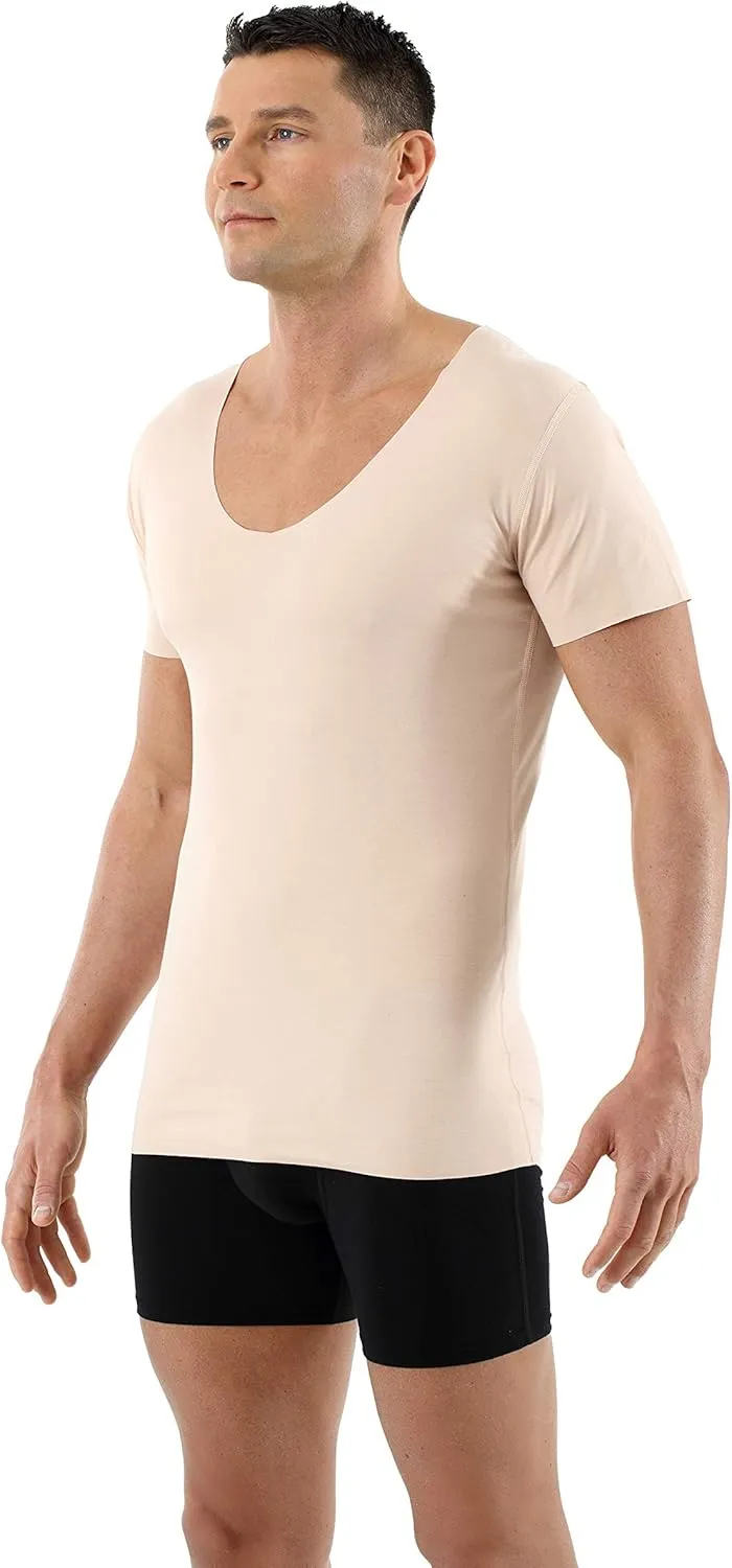 Men's Laser Cut Invisible Seamless deep v-Neck Undershirt Short Sleeves Stretch Cotton Nude Beige