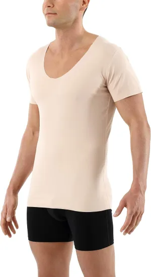 Men's Laser Cut Invisible Seamless deep v-Neck Undershirt Short Sleeves Stretch Cotton Nude Beige
