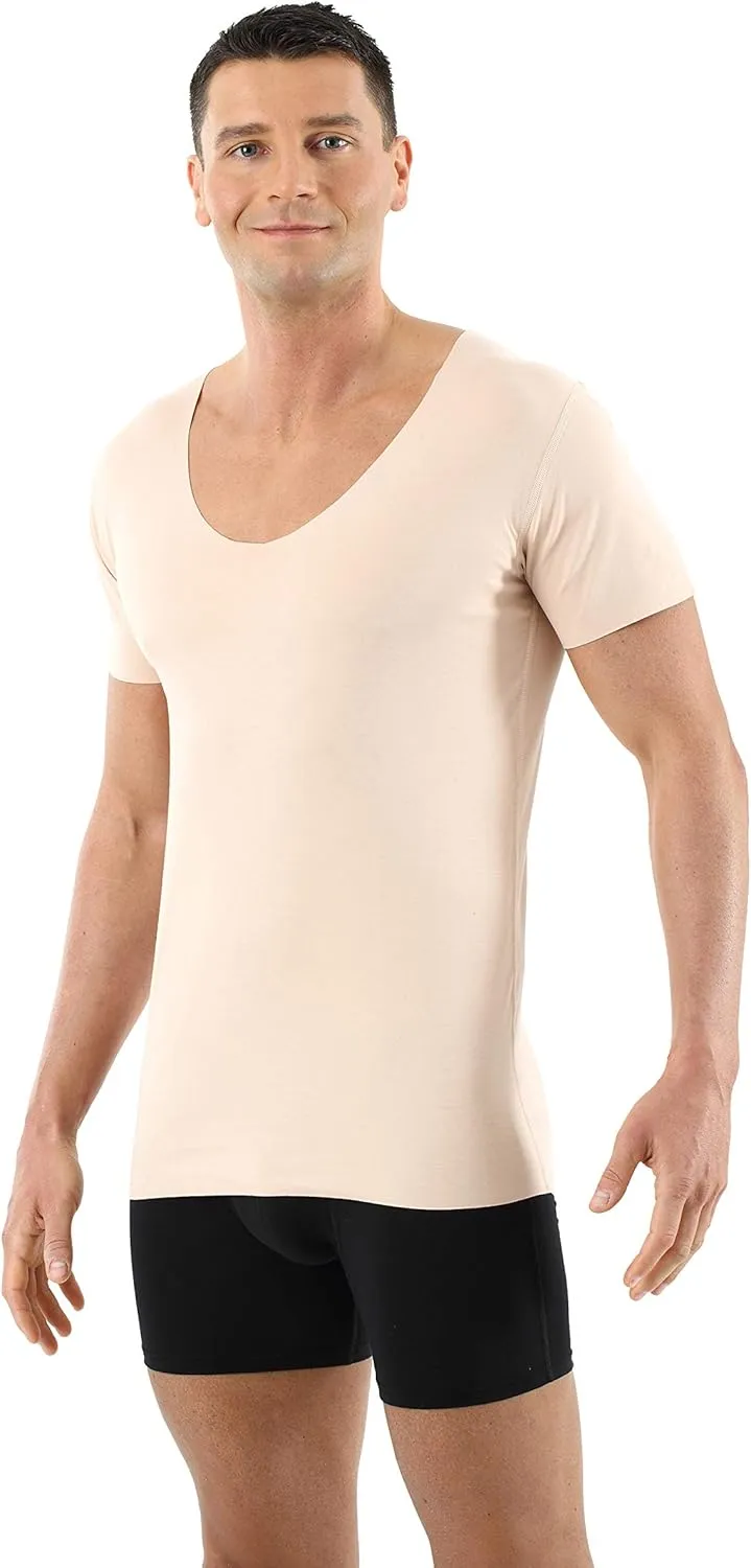 Men's Laser Cut Invisible Seamless deep v-Neck Undershirt Short Sleeves Stretch Cotton Nude Beige