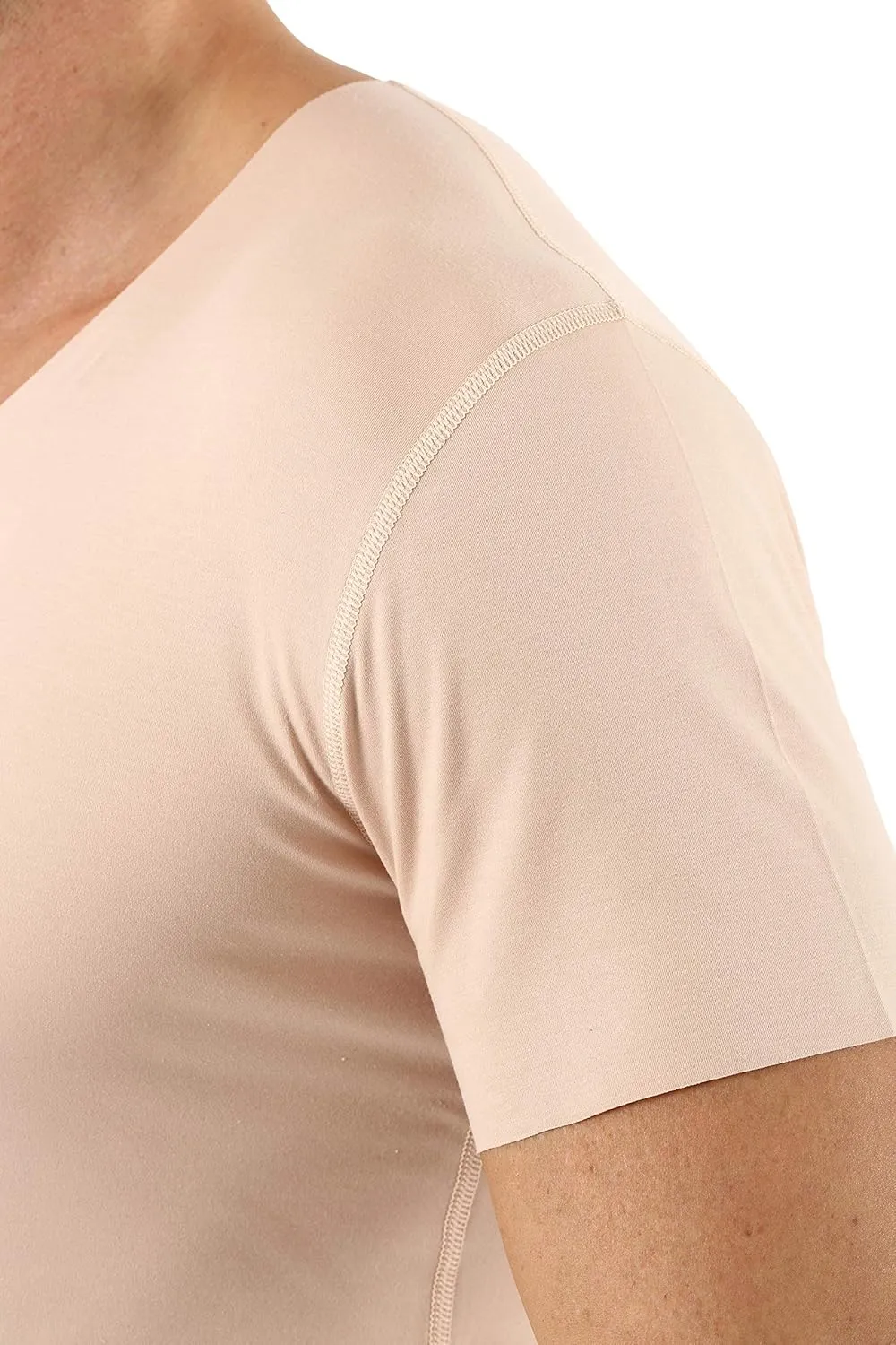 Men's Laser Cut Invisible Seamless deep v-Neck Undershirt Short Sleeves Stretch Cotton Nude Beige
