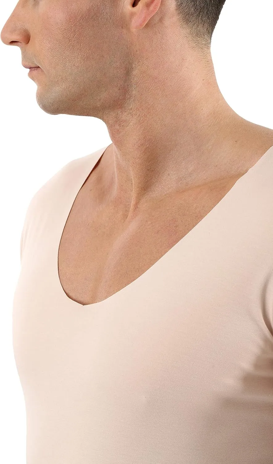 Men's Laser Cut Invisible Seamless deep v-Neck Undershirt Short Sleeves Stretch Cotton Nude Beige