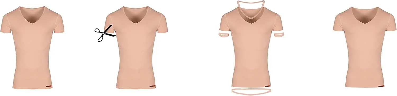 Men's Laser Cut Invisible Seamless deep v-Neck Undershirt Short Sleeves Stretch Cotton Nude Beige