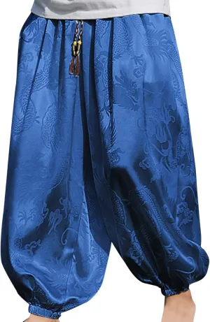 Mens Linen Harem Capri Yoga Pant Lightweight Loose Fit Trousers Drawstring Drop Crotch Stretchy Waist Casual Ankle Pants