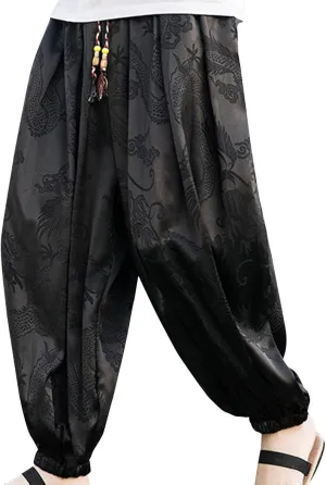Mens Linen Harem Capri Yoga Pant Lightweight Loose Fit Trousers Drawstring Drop Crotch Stretchy Waist Casual Ankle Pants