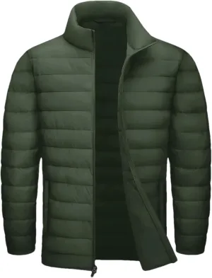 Mens Stand Collar Solid Lightweight Cotton-Padded Quilted Casual Long Sleeve Parka Coat
