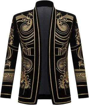 Mens Stylish Court Prince Black Velvet Gold Embroidery Blazer Suit Jacket