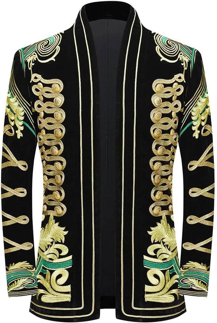 Mens Stylish Court Prince Black Velvet Gold Embroidery Blazer Suit Jacket