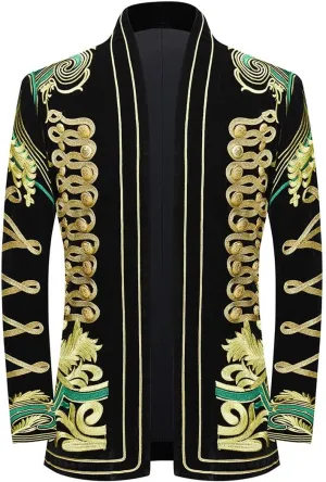 Mens Stylish Court Prince Black Velvet Gold Embroidery Blazer Suit Jacket