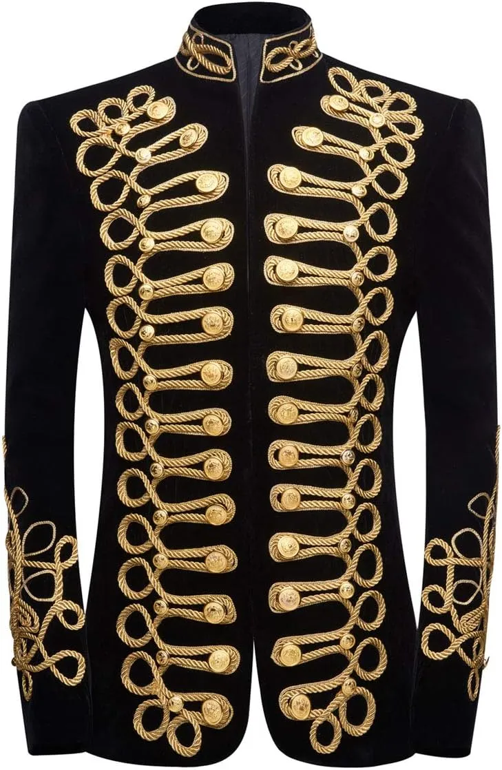 Mens Stylish Court Prince Black Velvet Gold Embroidery Blazer Suit Jacket