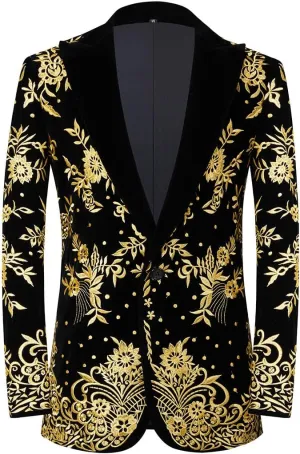 Mens Stylish Court Prince Black Velvet Gold Embroidery Blazer Suit Jacket