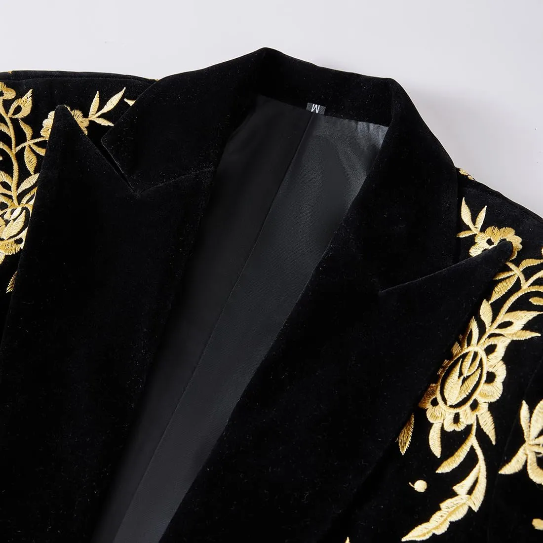 Mens Stylish Court Prince Black Velvet Gold Embroidery Blazer Suit Jacket