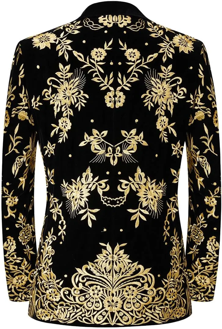 Mens Stylish Court Prince Black Velvet Gold Embroidery Blazer Suit Jacket