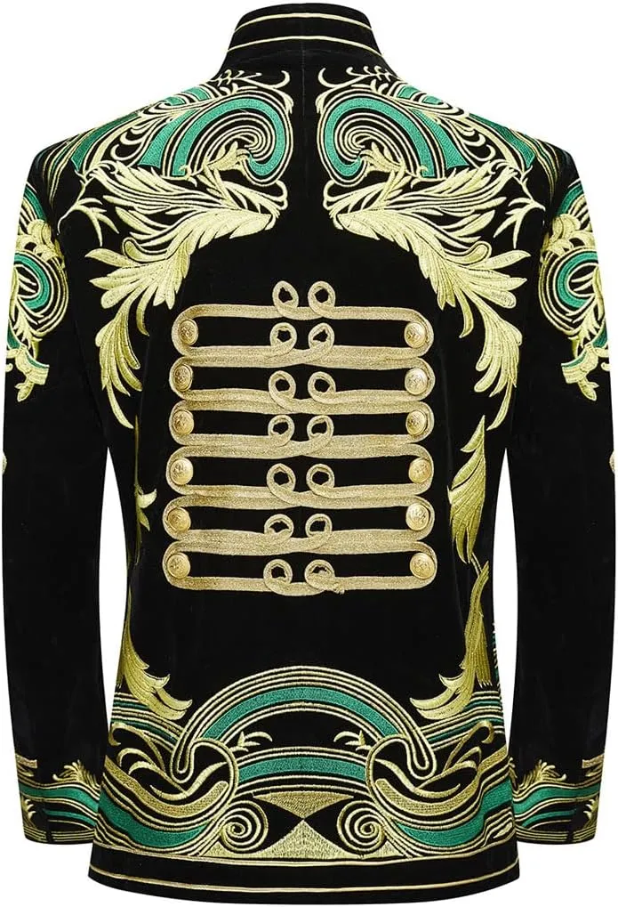 Mens Stylish Court Prince Black Velvet Gold Embroidery Blazer Suit Jacket