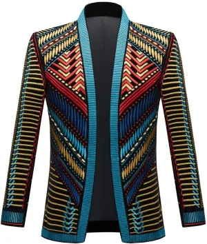 Mens Stylish Court Prince Black Velvet Gold Embroidery Blazer Suit Jacket
