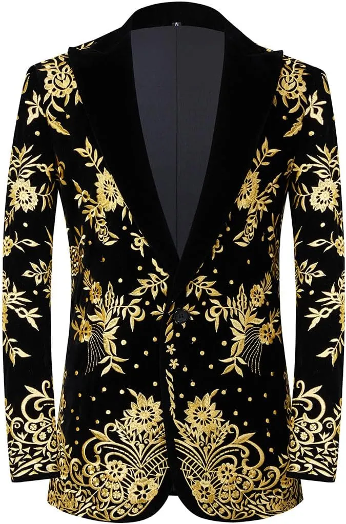 Mens Stylish Court Prince Black Velvet Gold Embroidery Blazer Suit Jacket