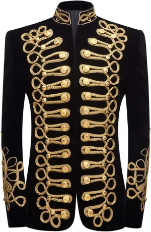 Mens Stylish Court Prince Black Velvet Gold Embroidery Blazer Suit Jacket