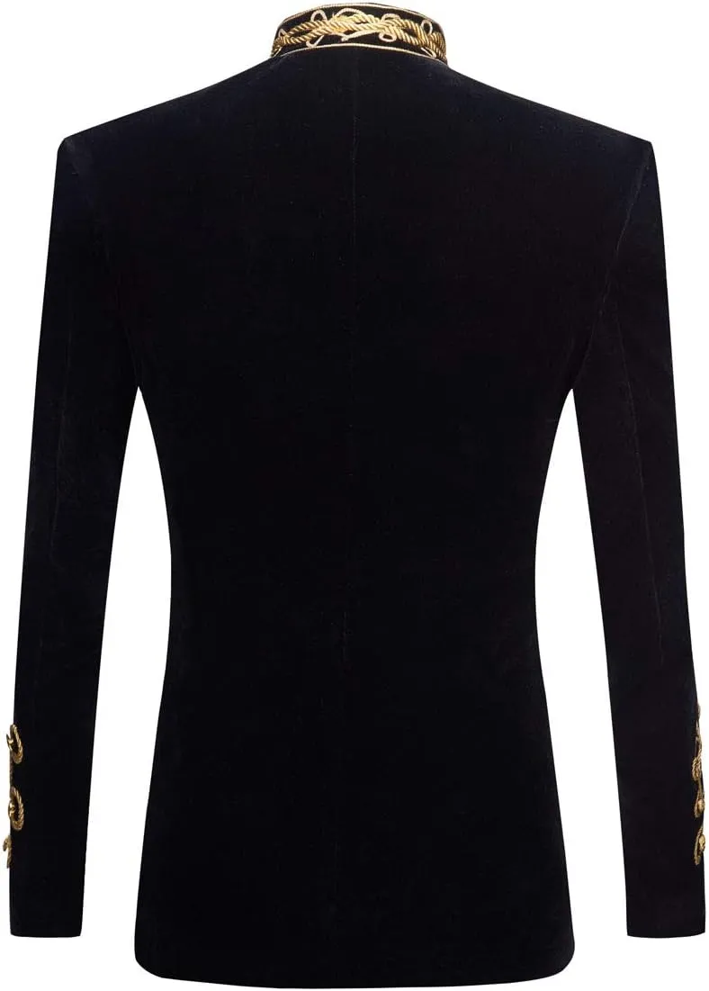 Mens Stylish Court Prince Black Velvet Gold Embroidery Blazer Suit Jacket