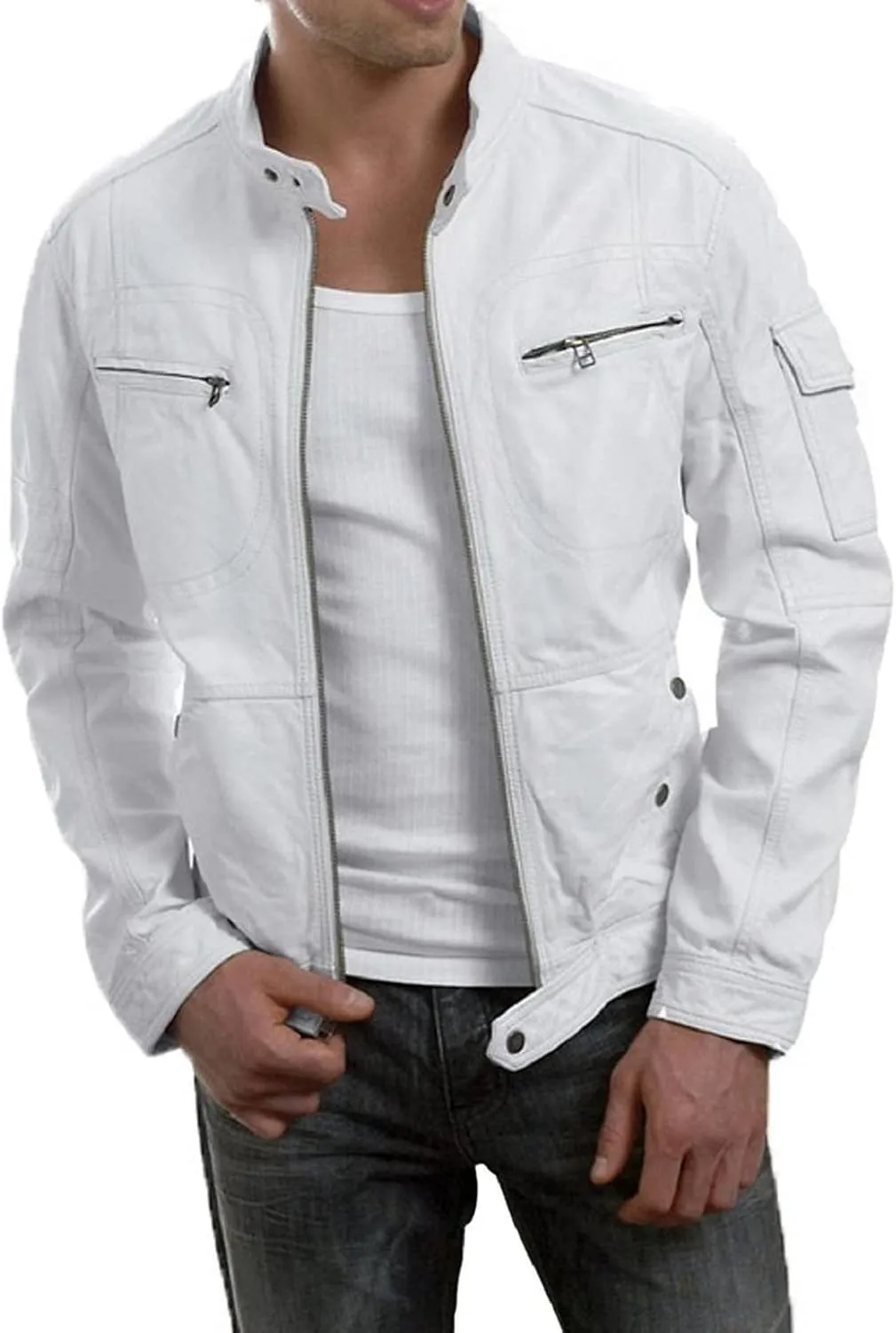 Mens White Real Leather Jackets Vintage Motorcycle Lambskin Leather Jacket Men
