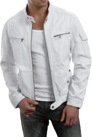 Mens White Real Leather Jackets Vintage Motorcycle Lambskin Leather Jacket Men