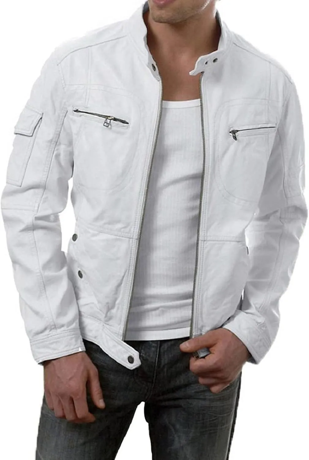 Mens White Real Leather Jackets Vintage Motorcycle Lambskin Leather Jacket Men
