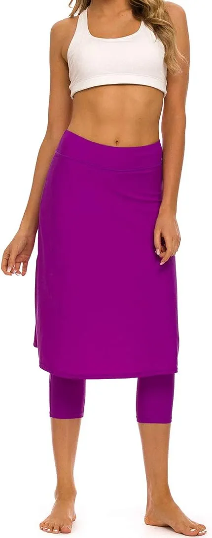 Micosuza Long Swim Skirt with Attached Leggings Modest Sun Protection Sports Skirt for Women