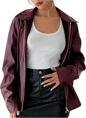 Milumia Women's Long Sleeve Zip Up Faux Leather Jackets Vintage Moto Jacket Outerwear