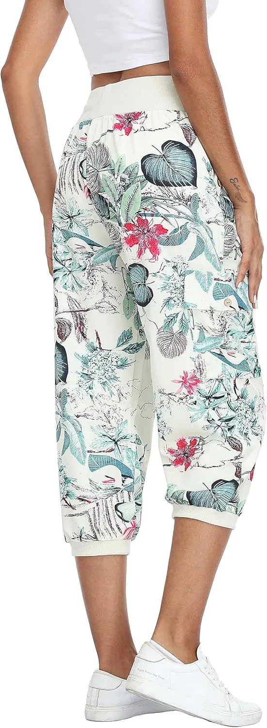 MISS MOLY Women's Cargo Capris Travel Pants Button Decor Summer Loose Harem Sweatpants Stylish Soft with Pockets