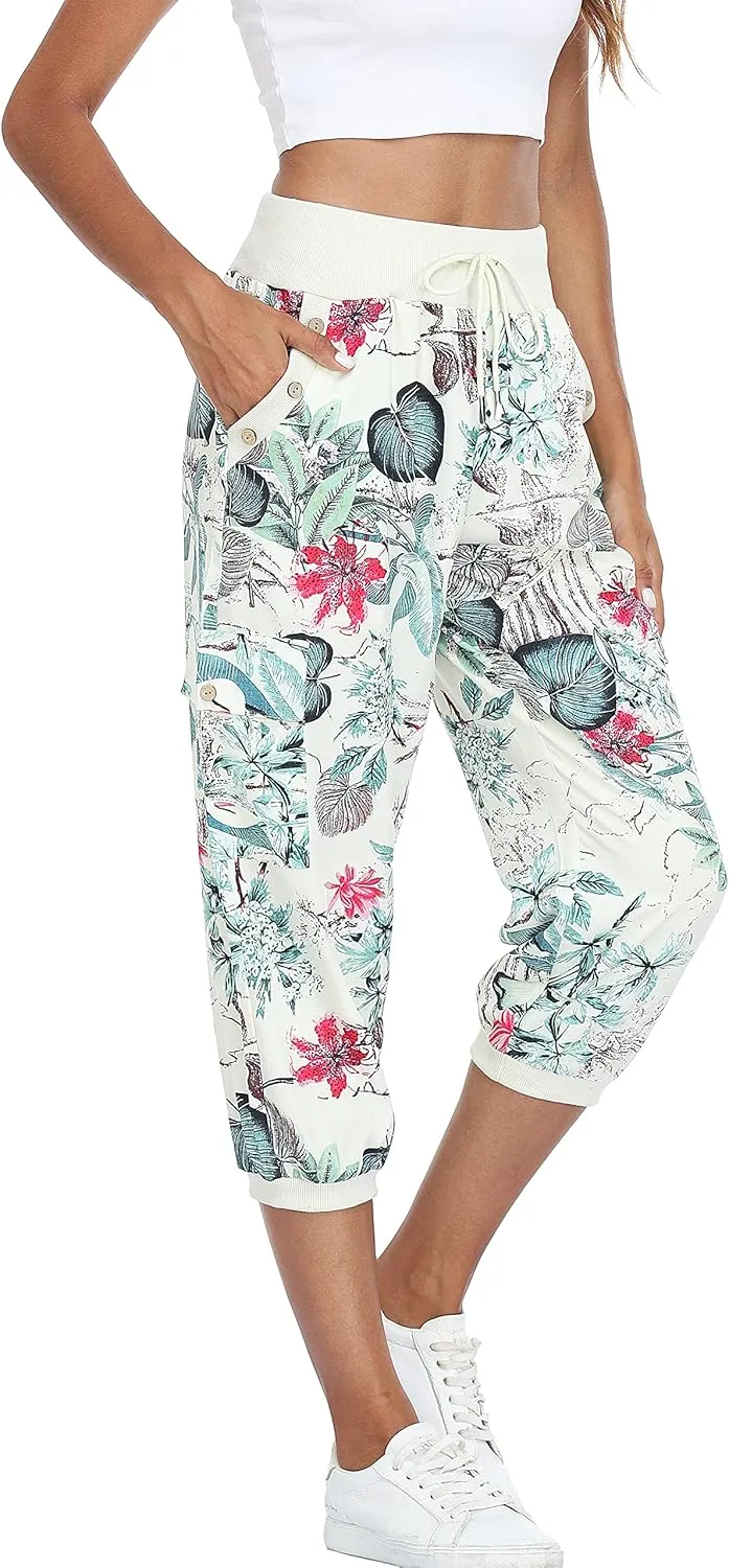 MISS MOLY Women's Cargo Capris Travel Pants Button Decor Summer Loose Harem Sweatpants Stylish Soft with Pockets