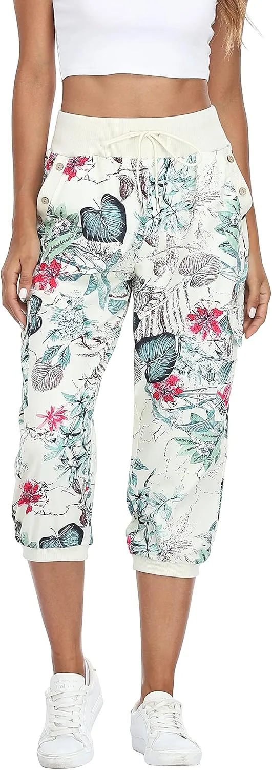 MISS MOLY Women's Cargo Capris Travel Pants Button Decor Summer Loose Harem Sweatpants Stylish Soft with Pockets