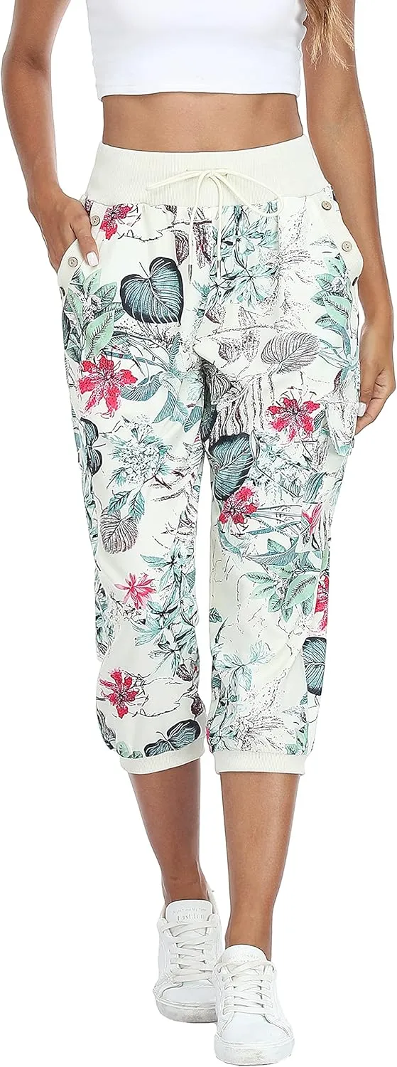 MISS MOLY Women's Cargo Capris Travel Pants Button Decor Summer Loose Harem Sweatpants Stylish Soft with Pockets