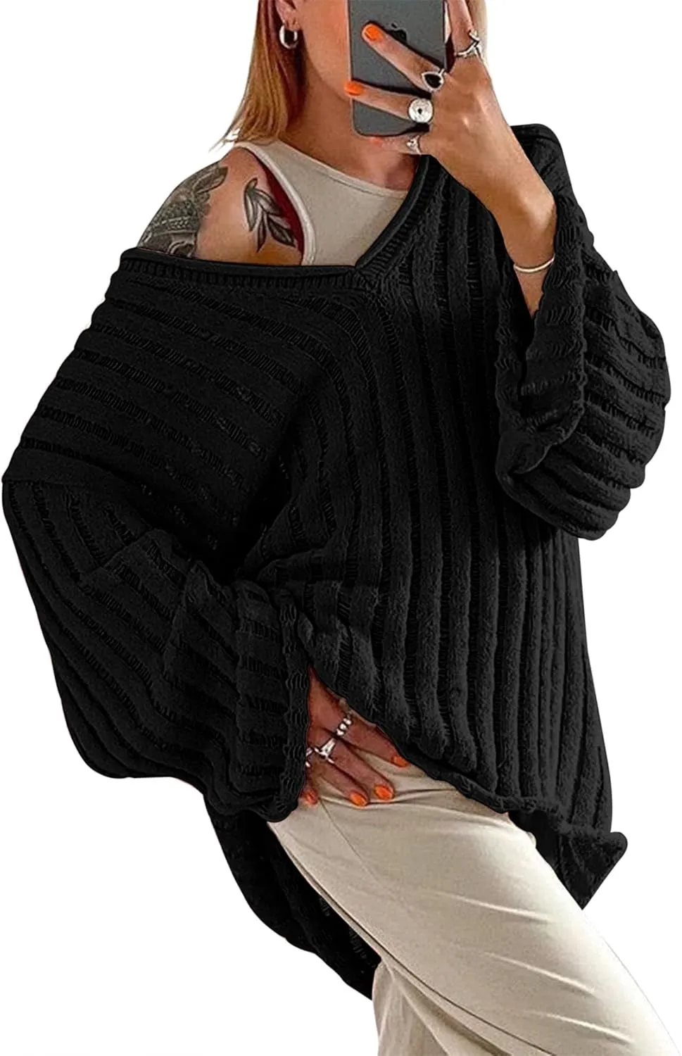 MISSACTIVER Womens Oversized Long Sleeve Sweater Sexy V Neck Off Shoulder Knit Solid Drop Shoulder Shirt Pullover Sweaters