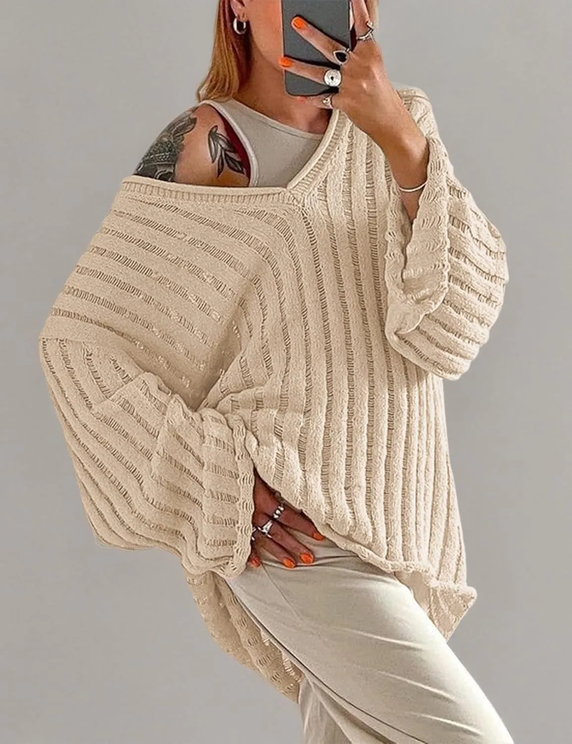 MISSACTIVER Womens Oversized Long Sleeve Sweater Sexy V Neck Off Shoulder Knit Solid Drop Shoulder Shirt Pullover Sweaters