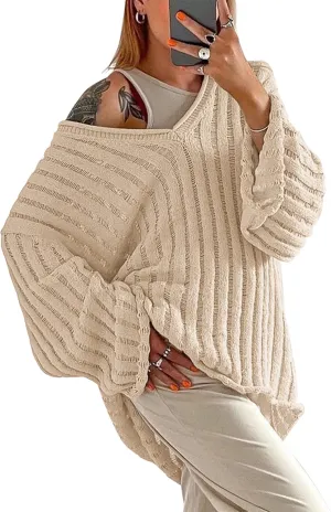 MISSACTIVER Womens Oversized Long Sleeve Sweater Sexy V Neck Off Shoulder Knit Solid Drop Shoulder Shirt Pullover Sweaters