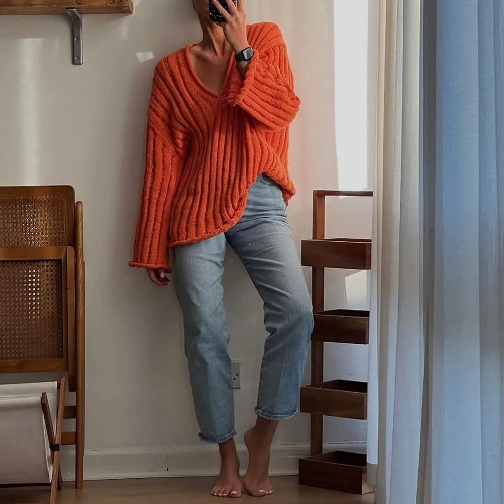 MISSACTIVER Womens Oversized Long Sleeve Sweater Sexy V Neck Off Shoulder Knit Solid Drop Shoulder Shirt Pullover Sweaters