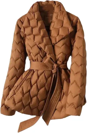 Mnjyihy Women Winter Lightweight Down Jacket With Belt Elegant Tie Belt Long Cotton White Duck Down Parka